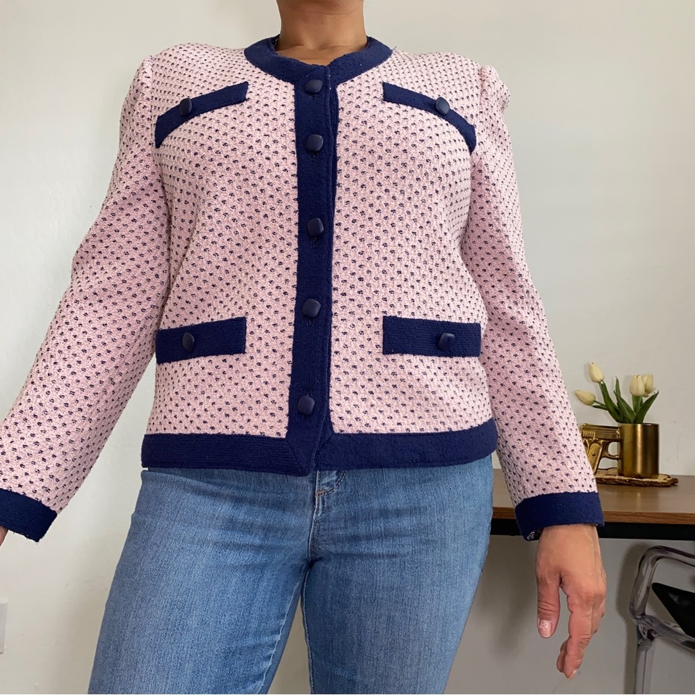 Castleberry Women’s 10 Vintage Pink Navy Button up V Neck Blazer Jacket